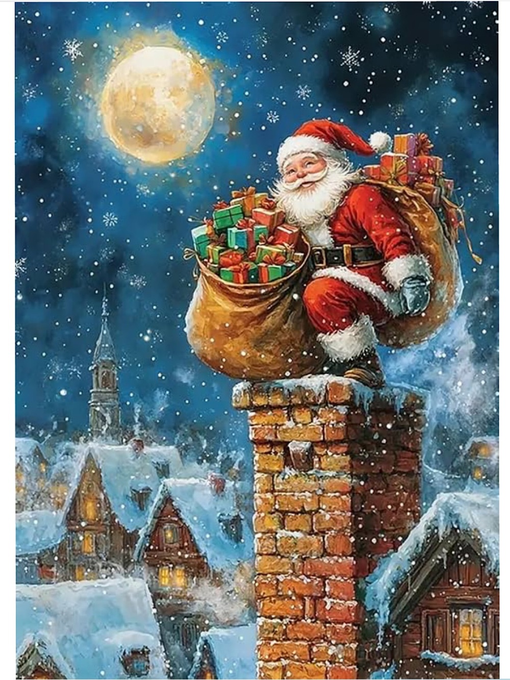 Diamond Art Festive Santa on Chimney Holiday Wall Art - Red Santa Print 12x16
